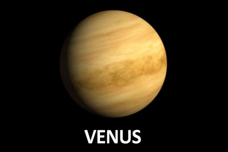 Picture of the planet Venus appearing yellow against a dark sky